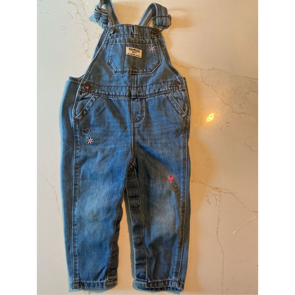 OshKosh Bgosh Overalls Sz 18 mo Denim Embroidered Hearts Flowers